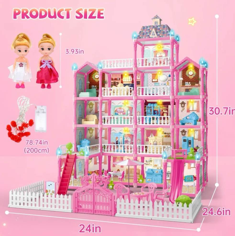 Condition photo showing New/Like New for JoyStone Doll House for Girls, 5-Story 19 Rooms Huge Dollhouse Playset with LED Lights, 2 Dolls, Furnitures, Accessories, DIY Pretend Play House Toys Gifts for Kids, Pink