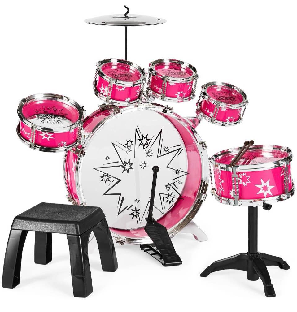 Best Choice Products 11-Piece Kids Starter Drum Set w/ Bass Drum  Tom Drums  Snare  Cymbal  Stool  Drumsticks - Pink