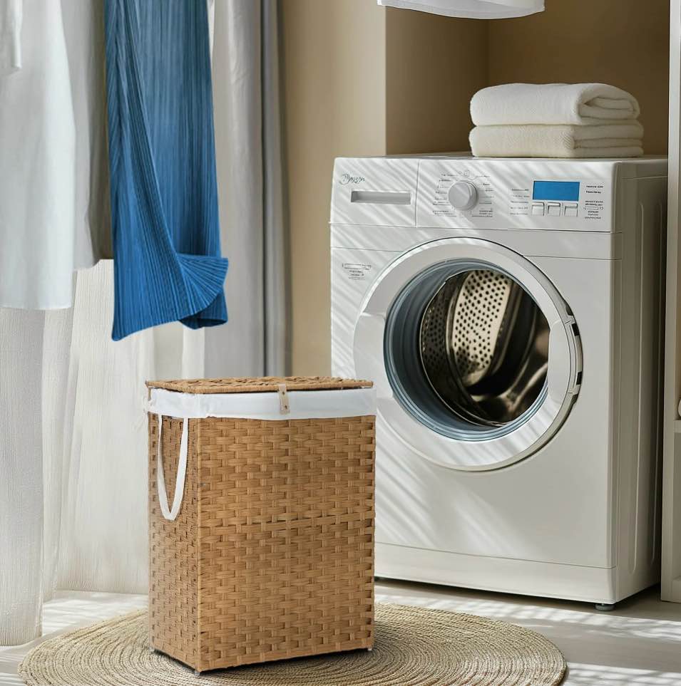 edx Laundry Basket with Lid  90 L Hand-Woven PP Rattan Laundry Basket with Handle  Foldable  Removable Liner  Natural