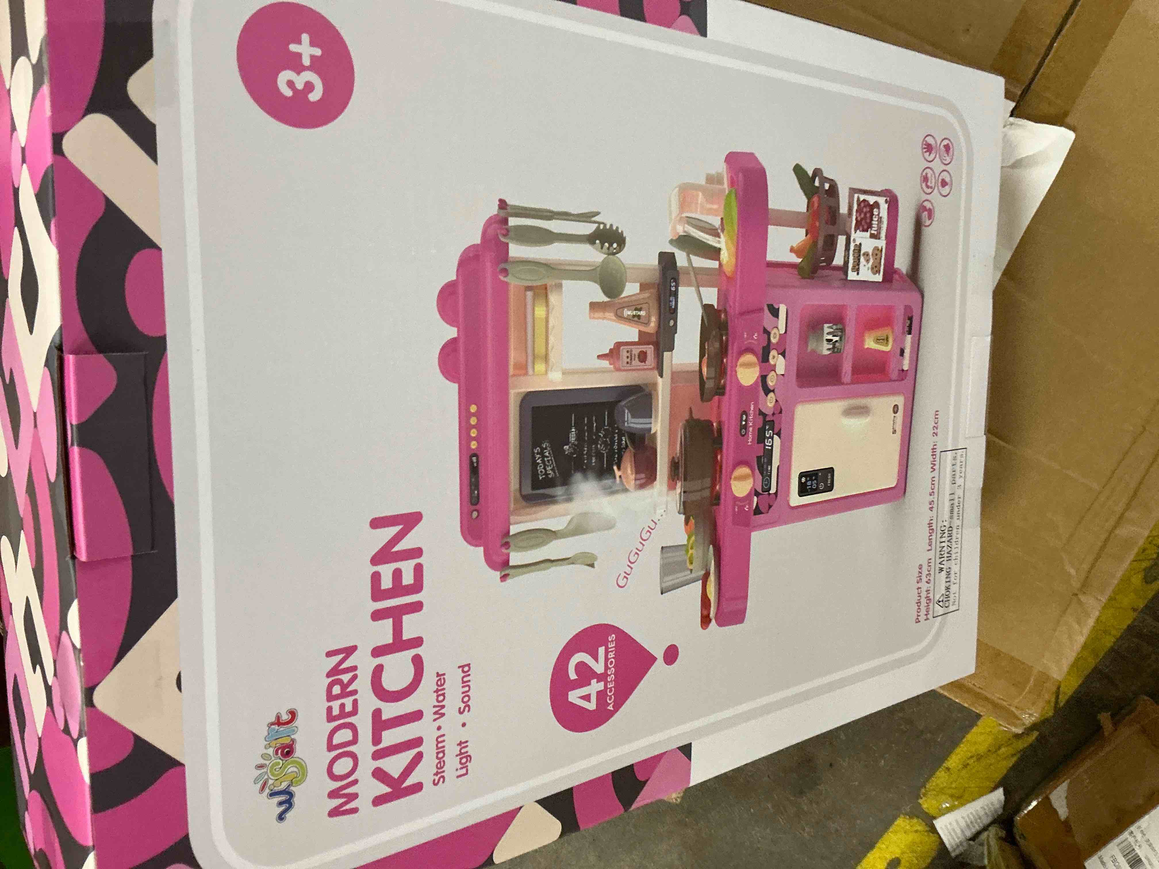 Condition photo showing New/Like New for Wisairt Play Kitchen Set for Kids, 2.1FT Toy Play Kitchen w/ Realistic Lights Sounds Simulation Spray for Toddlers Girls Boys Gift 42Pcs - Small (Orange Red 18x8.6x24.8in)