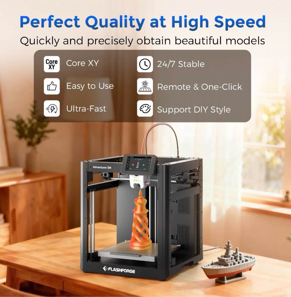 Condition photo showing Good Condition for Flashforge Adventurer 5M 3D Printer, Fully Auto Leveling & 600mm/s High Speed Printing, Black