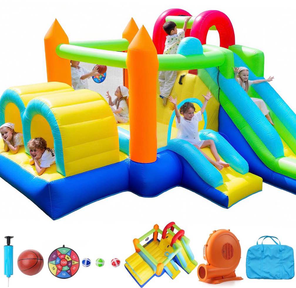 Condition photo showing New/Like New for Inflatable Bounce House, 7 in 1 Large Bounce Castle for Kids 3-10, Backyard Jumping Bouncy Castle with Long Slide, Climbing Wall, Tunnel, Trampoline, Children's Outdoor Party - with Blower