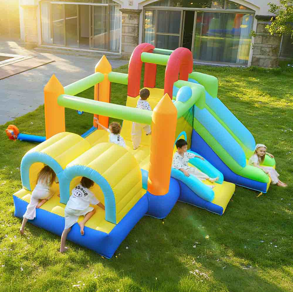 Inflatable Bounce House, 7 in 1 Large Bounce Castle for Kids 3-10, Backyard Jumping Bouncy Castle with Long Slide, Climbing Wall, Tunnel, Trampoline, Children's Outdoor Party - with Blower