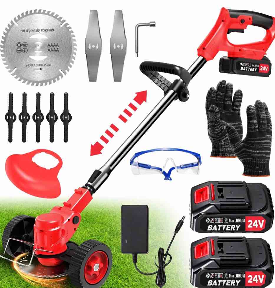 TNTANTS Electric Weed Wacker, Cordless String Trimmer with Wheels,  2Pcs 24V Batteries, 3 Types of Blades, Adjustable Length, Weed Eater Grass Trimmer/Edger/Brush Cutter for Lawn Yard Garden (Red)