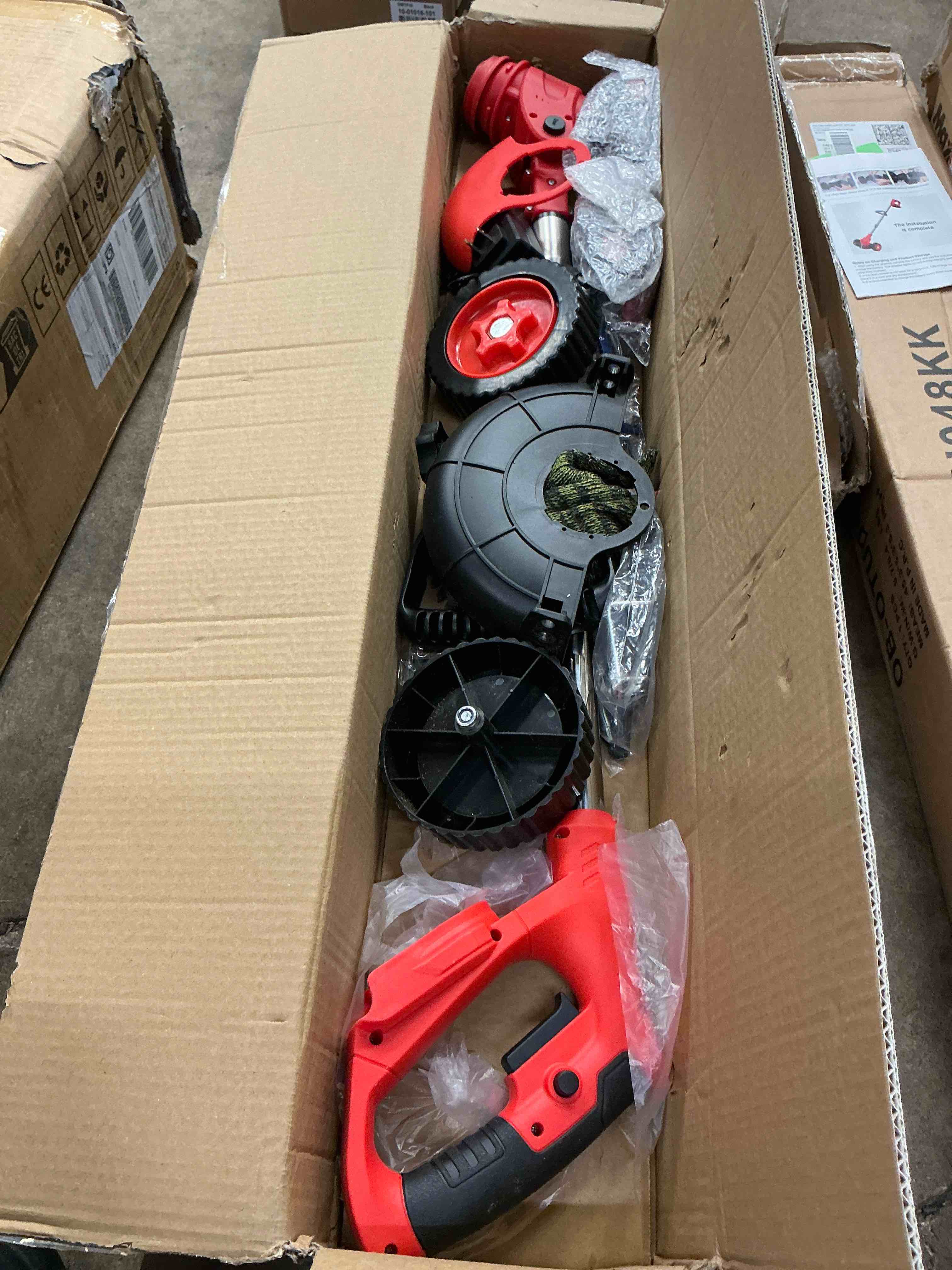 Condition photo showing Good Condition for TNTANTS Electric Weed Wacker, Cordless String Trimmer with Wheels,  2Pcs 24V Batteries, 3 Types of Blades, Adjustable Length, Weed Eater Grass Trimmer/Edger/Brush Cutter for Lawn Yard Garden (Red)