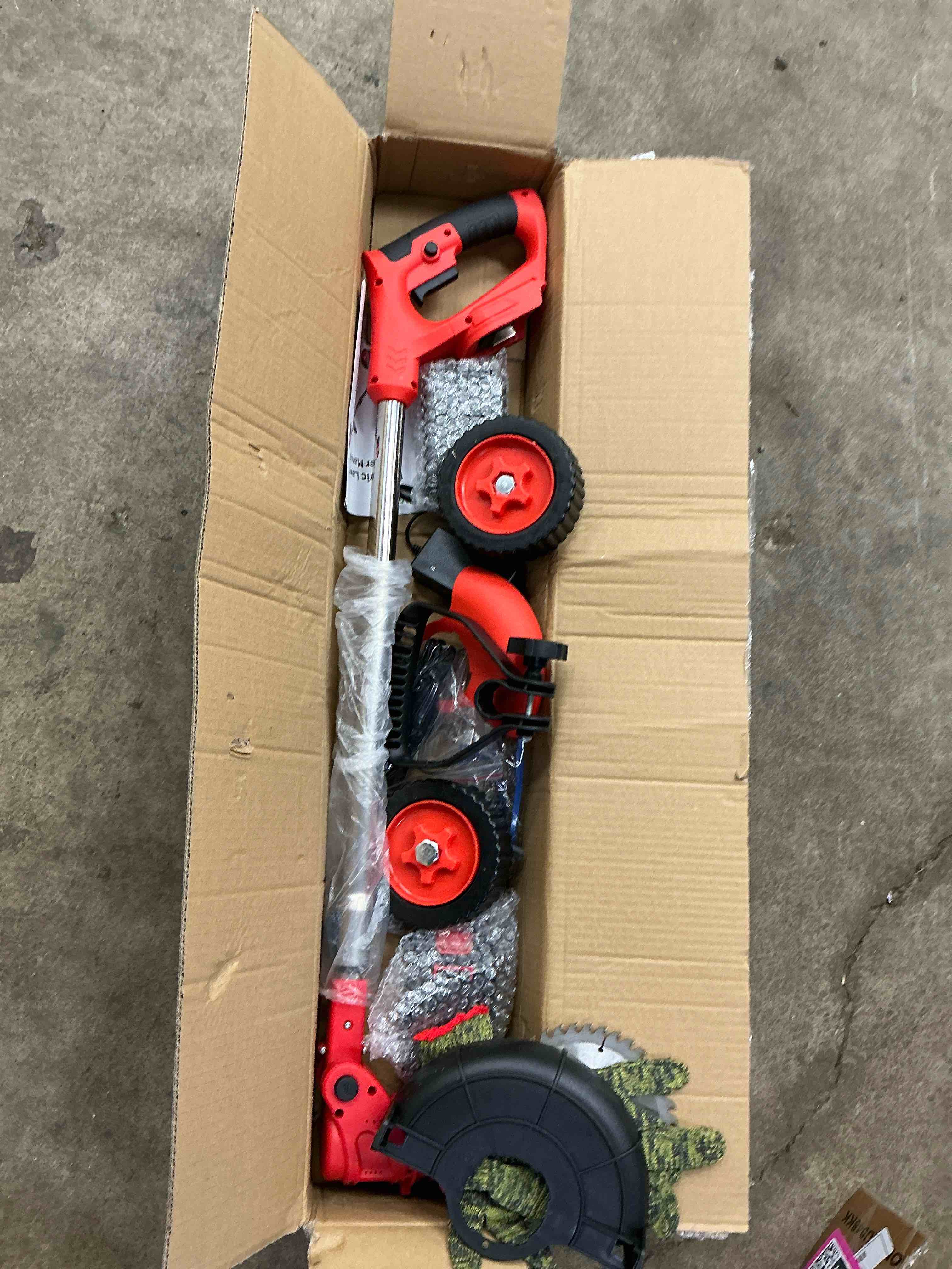 Condition photo showing Good Condition for TNTANTS Electric Weed Wacker, Cordless String Trimmer with Wheels,  2Pcs 24V Batteries, 3 Types of Blades, Adjustable Length, Weed Eater Grass Trimmer/Edger/Brush Cutter for Lawn Yard Garden (Red)