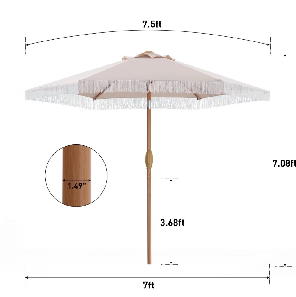 Condition photo showing New/Like New for Autlaycil 7.5FT Tassels Patio Umbrella Fringe Outdoor Table Umbrella with Push Button Tilt and Crank (Khaki)