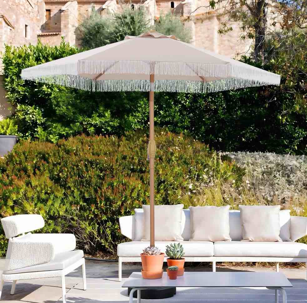 Autlaycil 7.5FT Tassels Patio Umbrella Fringe Outdoor Table Umbrella with Push Button Tilt and Crank (Khaki)