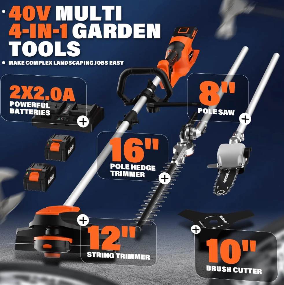 Condition photo showing New/Like New for MAXLANDER 40V Cordless Weed Wacker, 4-in-1 Lawn Tool with Hedge Trimmer, 8-inch Pole Saw & Brush Cutter, 2×20V 4Ah Batteries & Charger Included