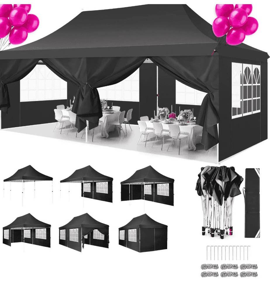 Condition photo showing New/Like New for HOTEEL 10 x20  Pop up Canopy Tent with 6 Removable Sidewalls  Instant Outdoor Canopy Shelter with Upgrade Raised Roof and Carry Bag Black