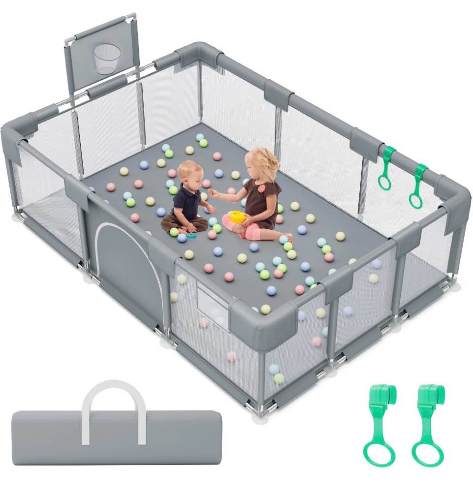babyeap Baby Playpen,73 Inch Extra Large Baby Playard,Playpen for Babies and Toddlers With Basketball Hoop,Children Kids Play Fence for Indoors Outdoors,Gray