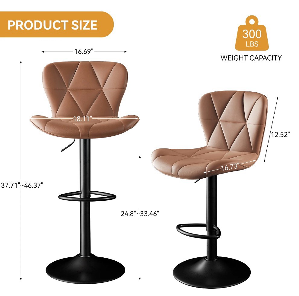 Condition photo showing Good Condition for 2-Piece Industrial Swivel Bar Stools Set - Steel Frame, Faux Leather Upholstered Back & Seat with Footrests - Retro Modern Design, 300lbs Capacity, Non-Slip Base for Kitchen, Home Bar, Pub