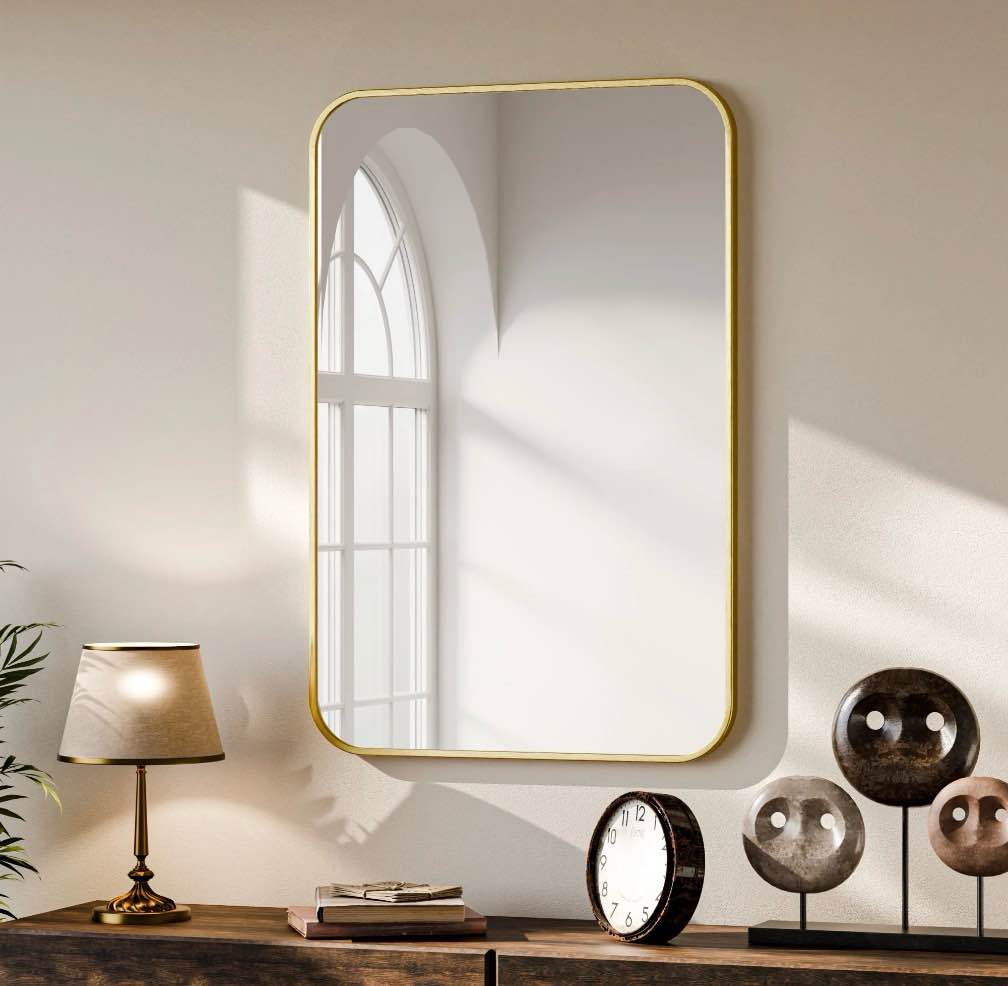 Beautypeak 24"X36" Wall Mirror Rounded Corners Hanging Vanity Mirror Gold 24" X 36"