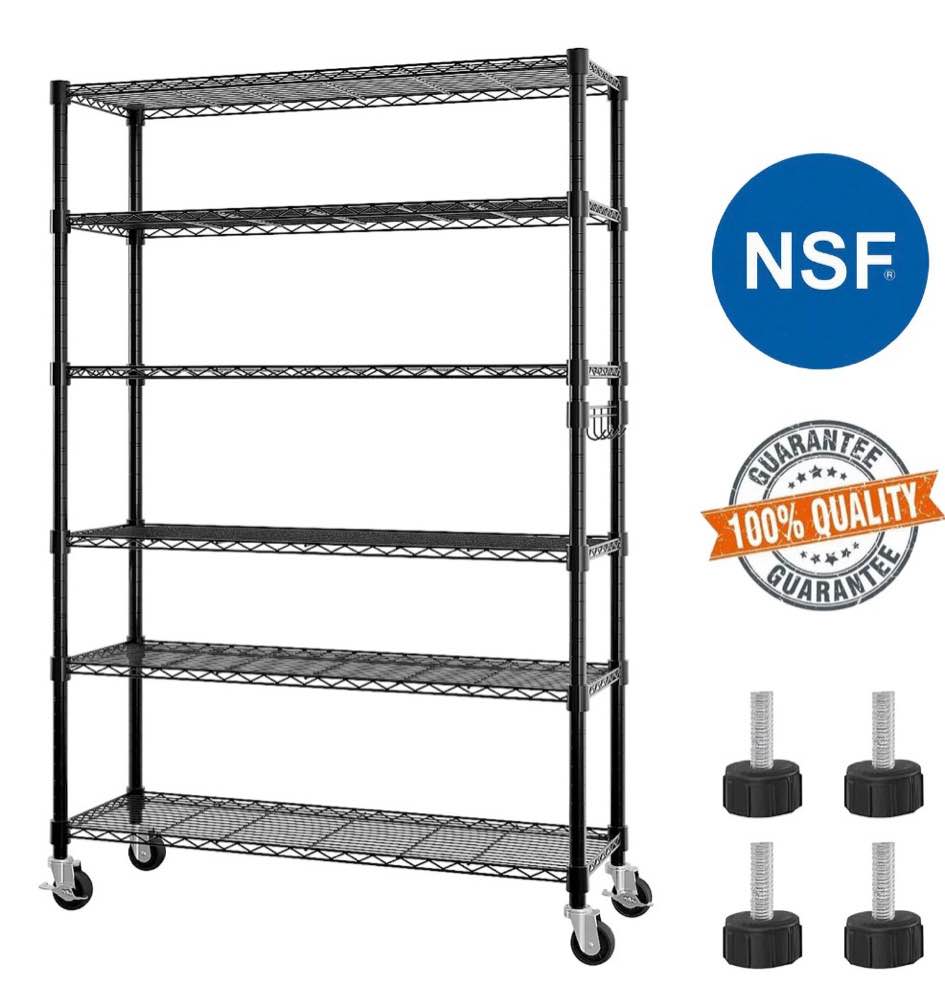 Condition photo showing New/Like New for Ktaxon 6 Tier Wire Shelving with Wheels 2400 LBS Capacity,  Heavy Duty Storage Rack for Home Garage, 46"W x 18"D x 82"H Adjustable Shelves, Black