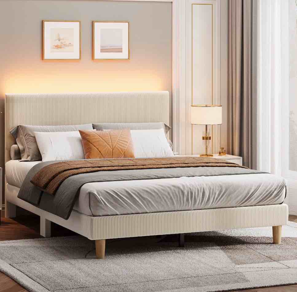 Bestier Corduroy Upholstered Queen Bed Frame with Adjustable Headboard, Platform Bed Frame with LED Light, Solid Wood Slats, No Box Spring Needed, Off White