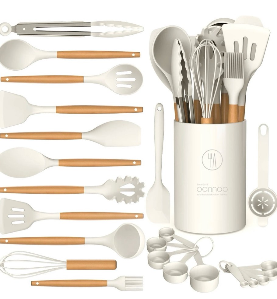 Silicone Cooking Utensils Set - Silicone Kitchen Utensils for Cooking Wooden Handles, 446°F Heat Resistant Kitchen Utensil Spatula Sets w Holder, Gadgets for Non-Stick Cookware BPA FREE (Cream White)