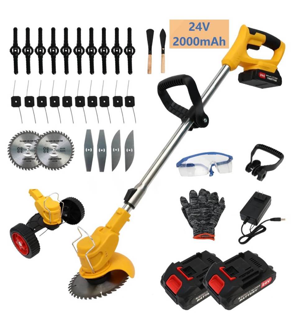 650W Weed Trimmer Cordless  24V 2000mAh Battery Operated Weed Eater Electric Grass Trimmer with Wheels  3 in 1 Battery Powered Weed Wacker with 3 Types Blades for Yard Garden  Yellow