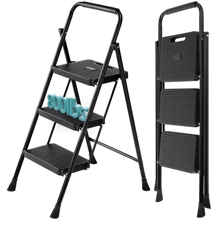 CONCETTA 36 Inch Iron Stepstool, 2 Folding Stepstool with Non-Slip Pedals and Comfortable Handrails, Sturdy Steel Ladder Portable Heavy Duty Stepstool for Kitchen, Garage and Outdoor Use, Black