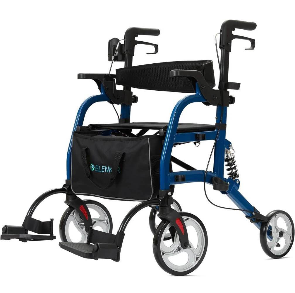 ELENKER 2 in 1 Rollator Walker & Transport Chair for Seniors, Foldable Walker Wheelchair Combo with 10” Wheels and Shock Absorber, Blue