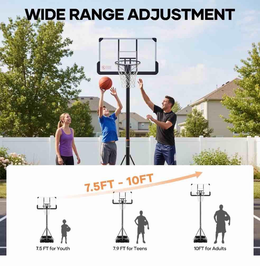 Condition photo showing New/Like New for MaxKare 44In Basketball Hoop 7.5 ft to 10 ft Height Upgrade Large Base Portable Basketball Goal System with Quick Adjustment for Full Range of Players Indoor Outdoor Use