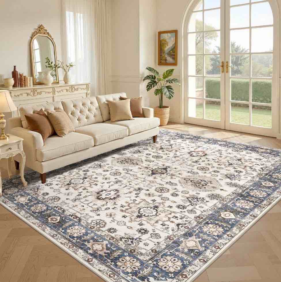 Uermei 9 x12  Large Soft Area Rug: Machine Washable Non-Slip Carpet  Farmhouse Vintage Floor Mat for Living Room Bedroom Dining Room - Beige Blue