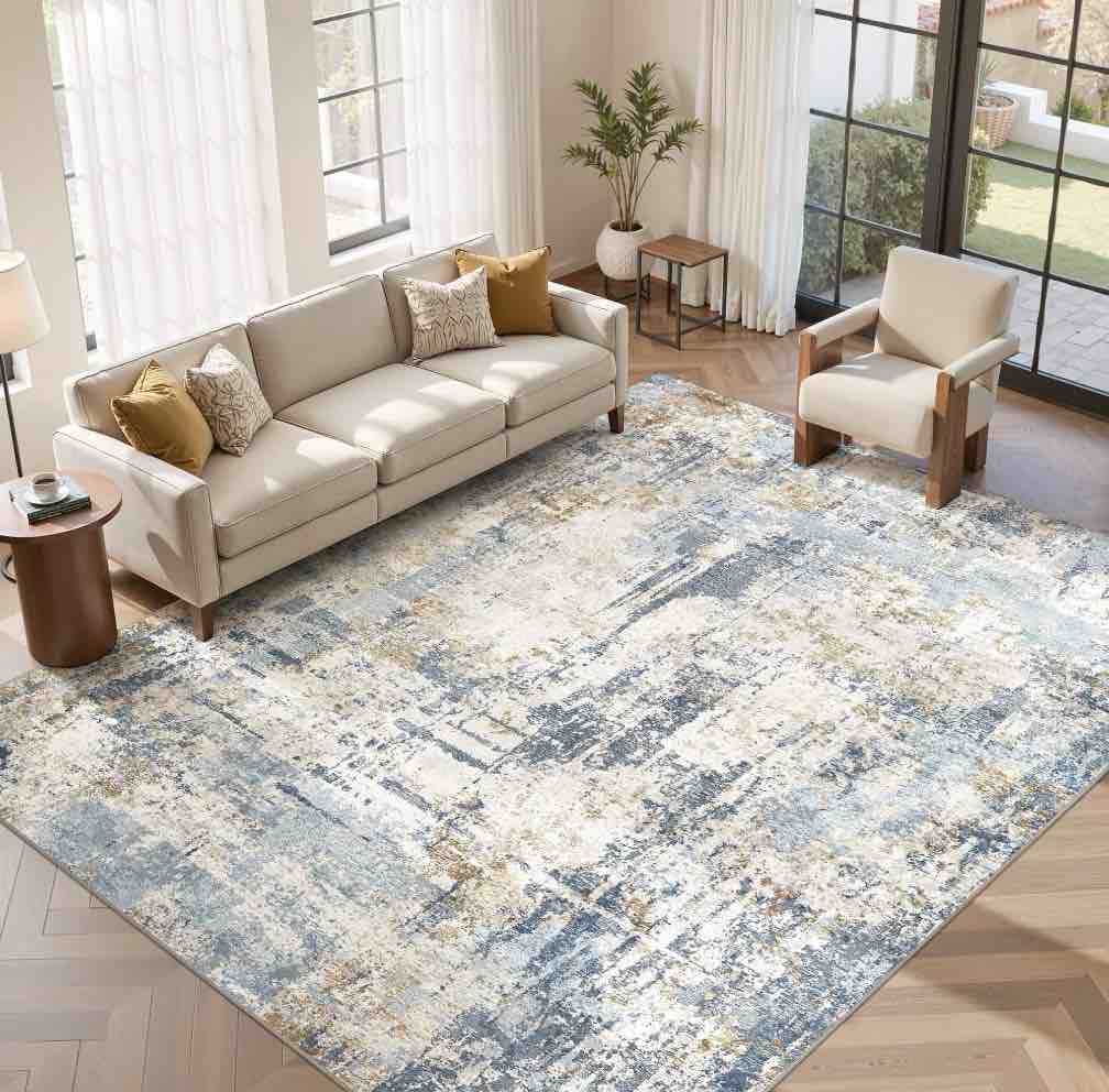 UERMEI 10 x12  Large Area Rugs for Living Room  Washable Non Slip Indoor Rug for Bedroom Home Decor Carpets  Modern Abstract Printed Carpet  Blue