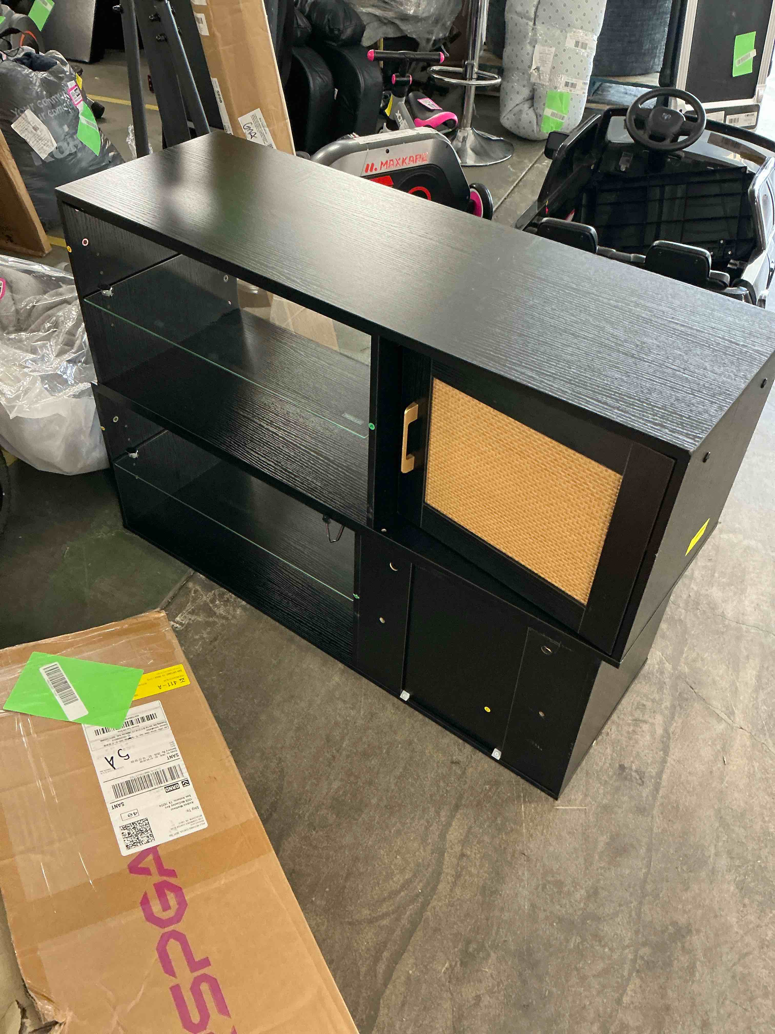 Condition photo showing As Is for Bestier 80" Tv Stand With Led For Tvs Up To 85", Rattan Mid Century Modern Entertainment Center, Black 80 Inch