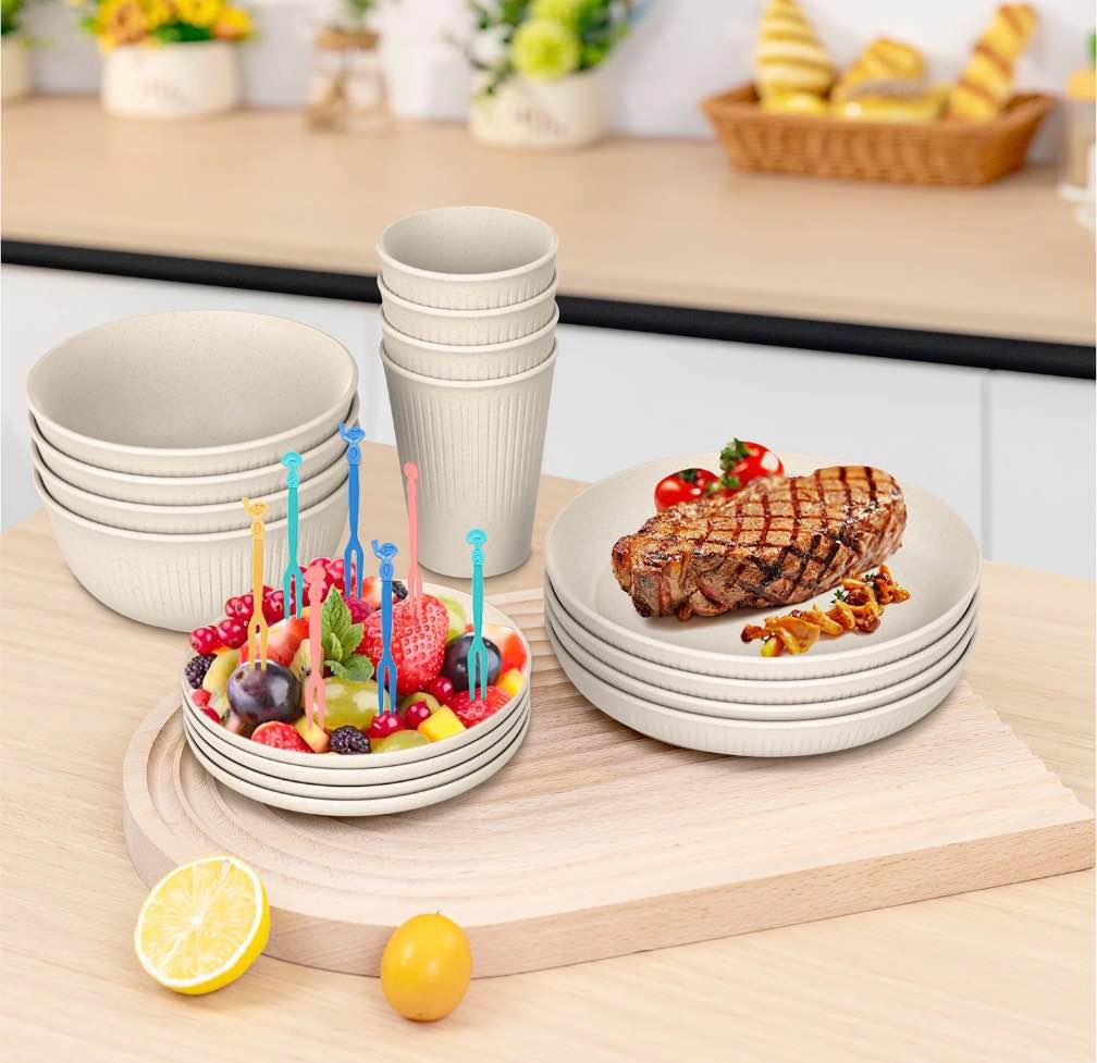 Wheat Straw Dinnerware Sets For 4, Unbreakable Dinnerware Sets, Reusable Wheat Straw Plates and Bowls Sets, Travel Camping Cutlery Set, Dishwasher Microwave Safe Dinnerware, Beige