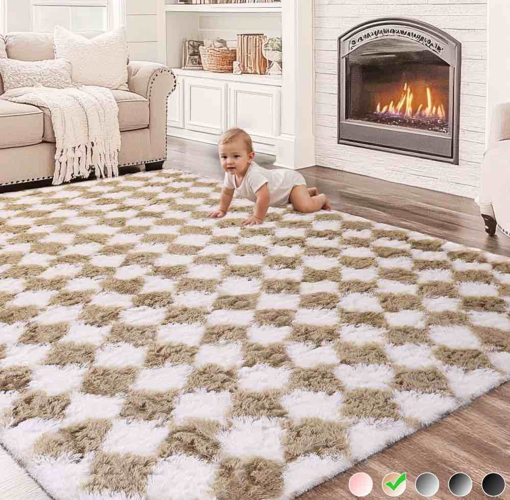 CozyDesg Large Rugs,4'x6' Soft Fluffy Shag Indoor Floor Carpet for Living Room Bedroom Dining Room Office Home Decor,Beige & White