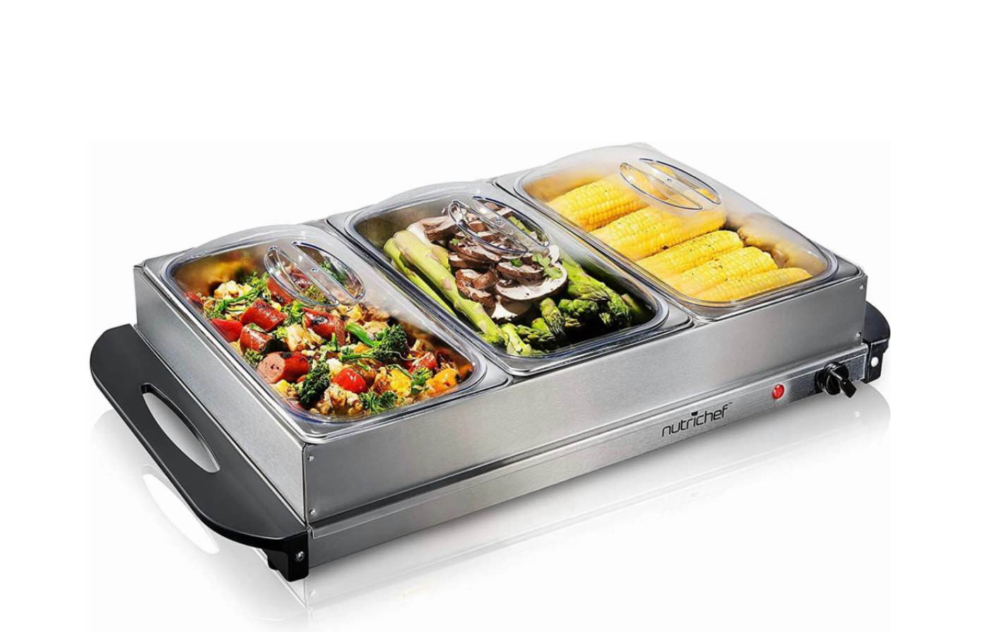 Nutrichef Professional Stainless Steel Buffet Warmer Server with 3 Trays | Portable Hot Plate Food Warmer Station for Parties & Events | Easy to Clean | 3 See-through lids | Max Temperature 175F 3 Pot 3.5 Quart