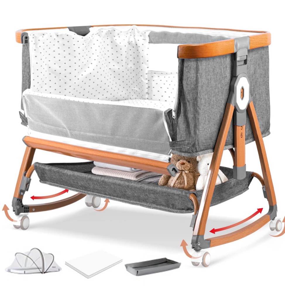 RUPOUN Bassinet Bedside Sleeper, Portable Baby Crib with 6 Adjustable Heights and Breathable Mesh Panels, Foldable, Gray