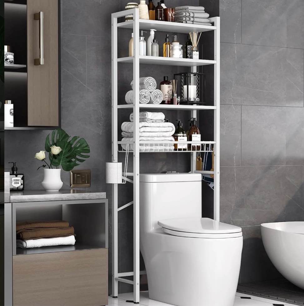 Biemlerfn Over The Toilet Storage Shelf, 4-Tier Wooden Bathroom Organizer Adjustable Saver Space Rack with Toilet Paper Holder, Pure White