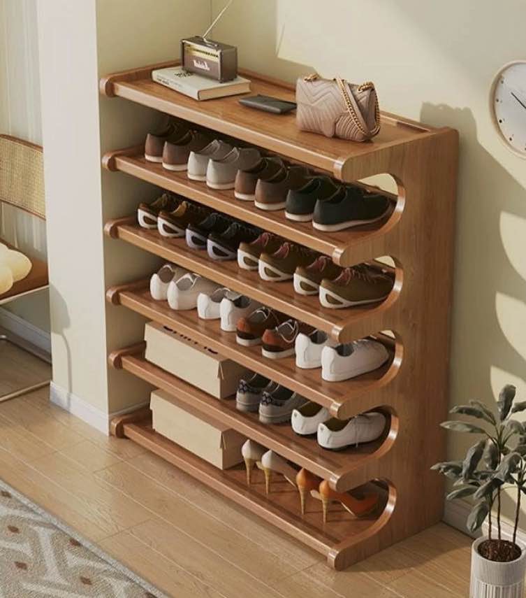 6 Tiers Shoe Racks, Bamboo Vertical Shoe Rack Organizer for Closet Floor, Wooden Stackable Shoe Storage Shelves, for Entryway, Hallway, Multifunctional Front Door Shoe Rack, 70cm/27.5''