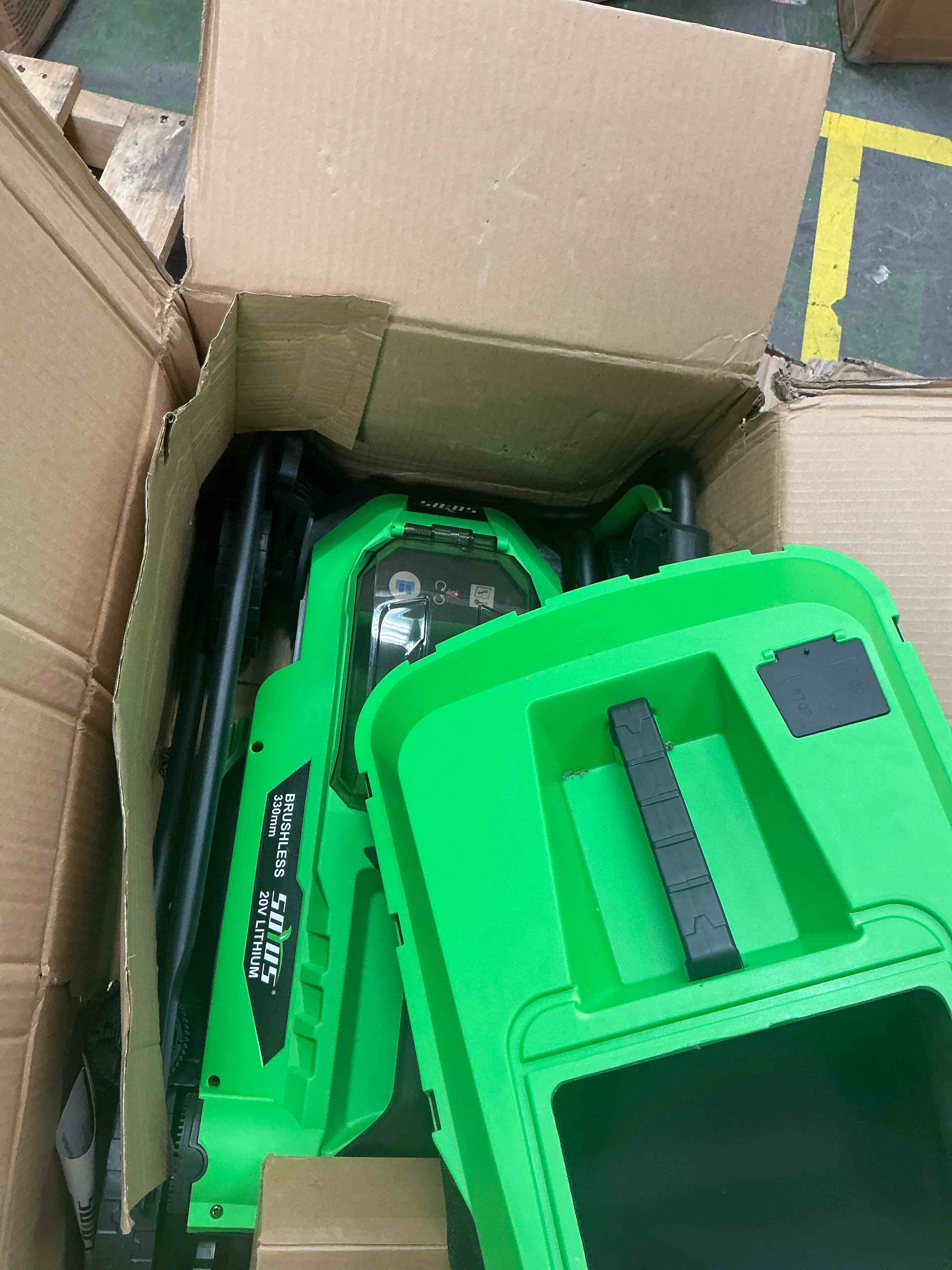 Condition photo showing New/Like New for SOYUS Electric Lawn Mower Corded, 13 Inch 10-Amp Lawn Mowers with 8 Gallon Collection Bag, 3-Position Cutting Height Adjustment for Yard and Farm