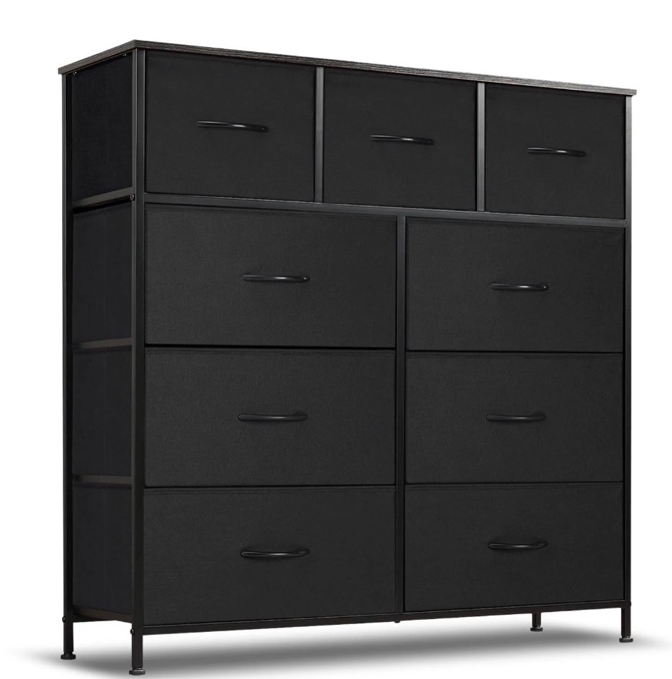Simenmax 9 Drawers Dresser for Bedroom, Tall Fabric Closet Chests Organizer Tower Furniture with Wooden Top Metal Frame for Clothes, Room, Living Room, Hallway, Entryway,Black