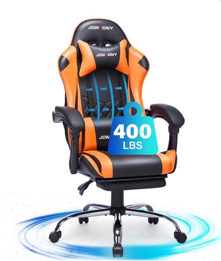 JONPONY Big and Tall 400LBS Gaming Chair, Ergonomic Design, Gamer Chair PU Leather with Footrest and Lumbar Support, High Back Office Chair Support 8 Hours Long Sitting, Computer Chair,Orange