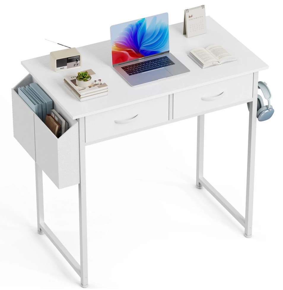 edx Small Desk with Fabric Drawers & Storage Bag Iron Hook, Home Office Computer Desk,White Vanity Desk with Storage for Home, Bedroom, 32 Inch, White