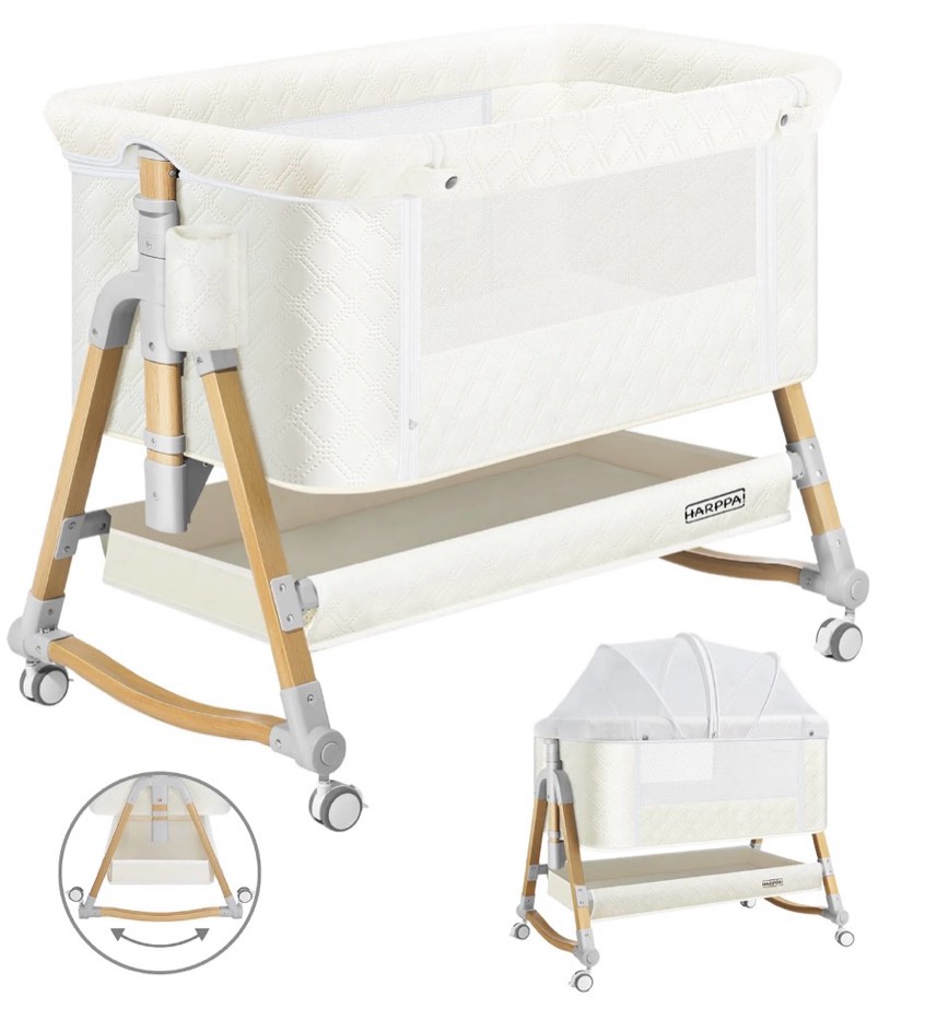 HARPPA Baby Bassinet Bedside Sleeper - 3-in-1 Cradle for Newborns, with Storage & Wheels, White