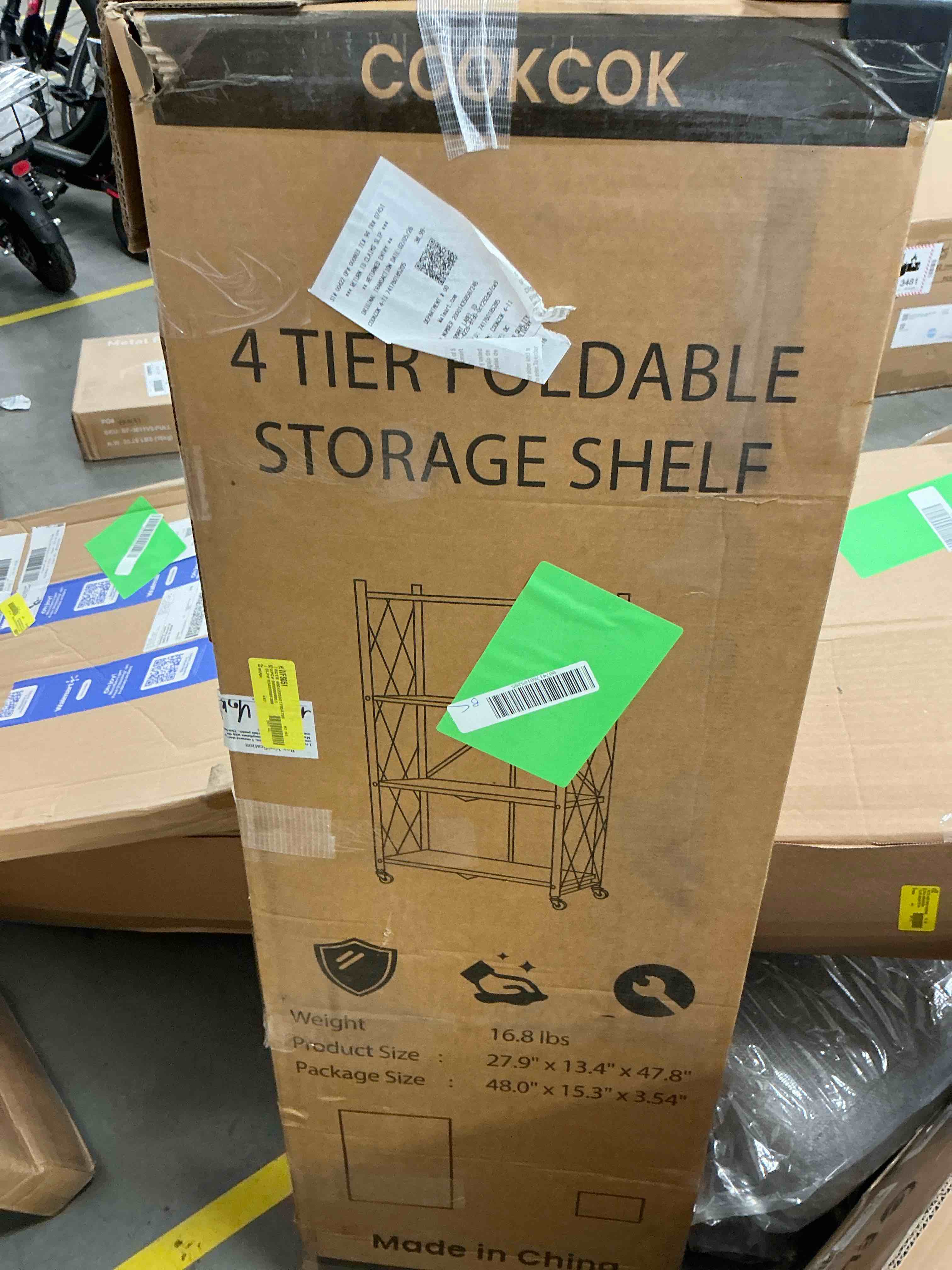 Condition photo showing New/Like New for COOKCOK 4-Tier Storage Shelving Unit  Metal Shelf  Foldable Storage Shelf with Wheels  27.9 x13.4 x49.72  Garage Shelf  Metal Storage Rack  Kitchen Shelf with 4 Hooks  No Assemble Require