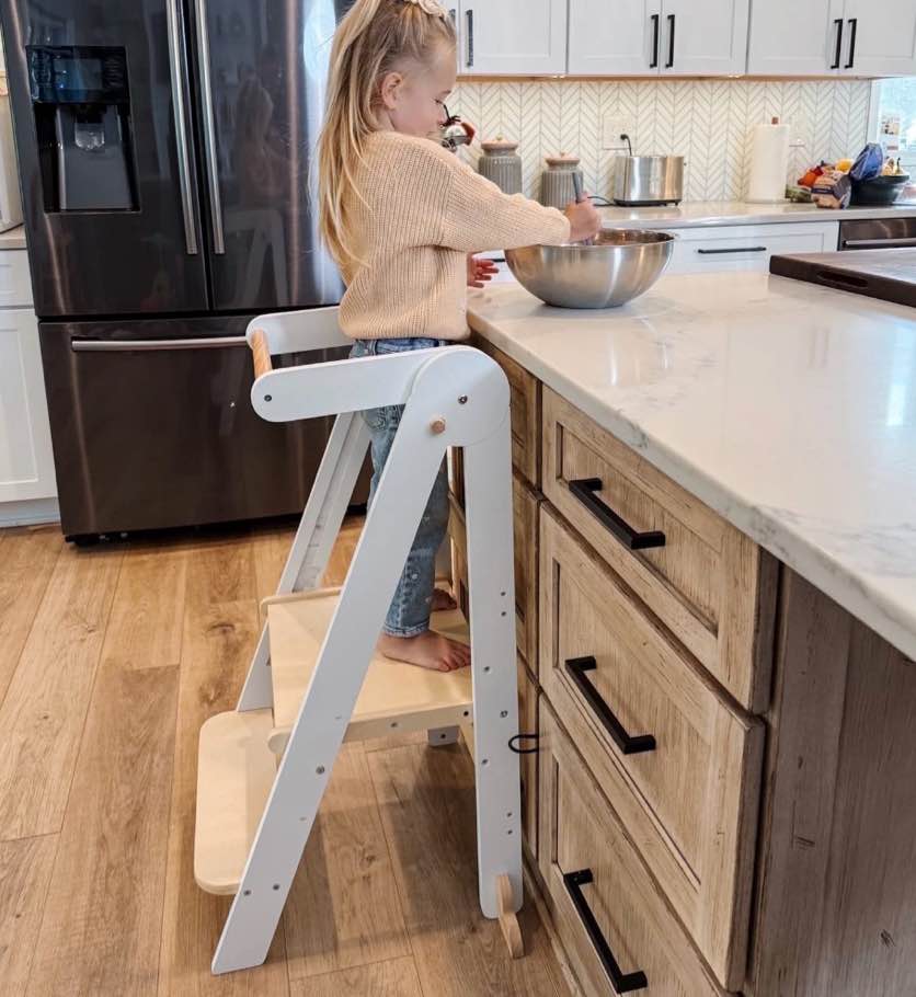 HARPPA Foldable Toddler Kitchen Tower, Standing Tower for Kids Age 1.5-6 Years, White