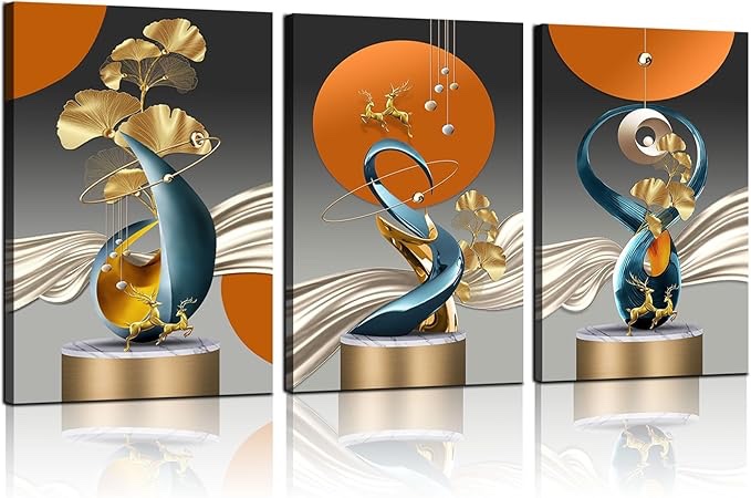 Condition photo showing Good Condition for 3 Pcs Golden Deer Canvas Wall Art Modern Abstract Paintings Pictures Wall Decor Ginkgo Leaf Luxury F
