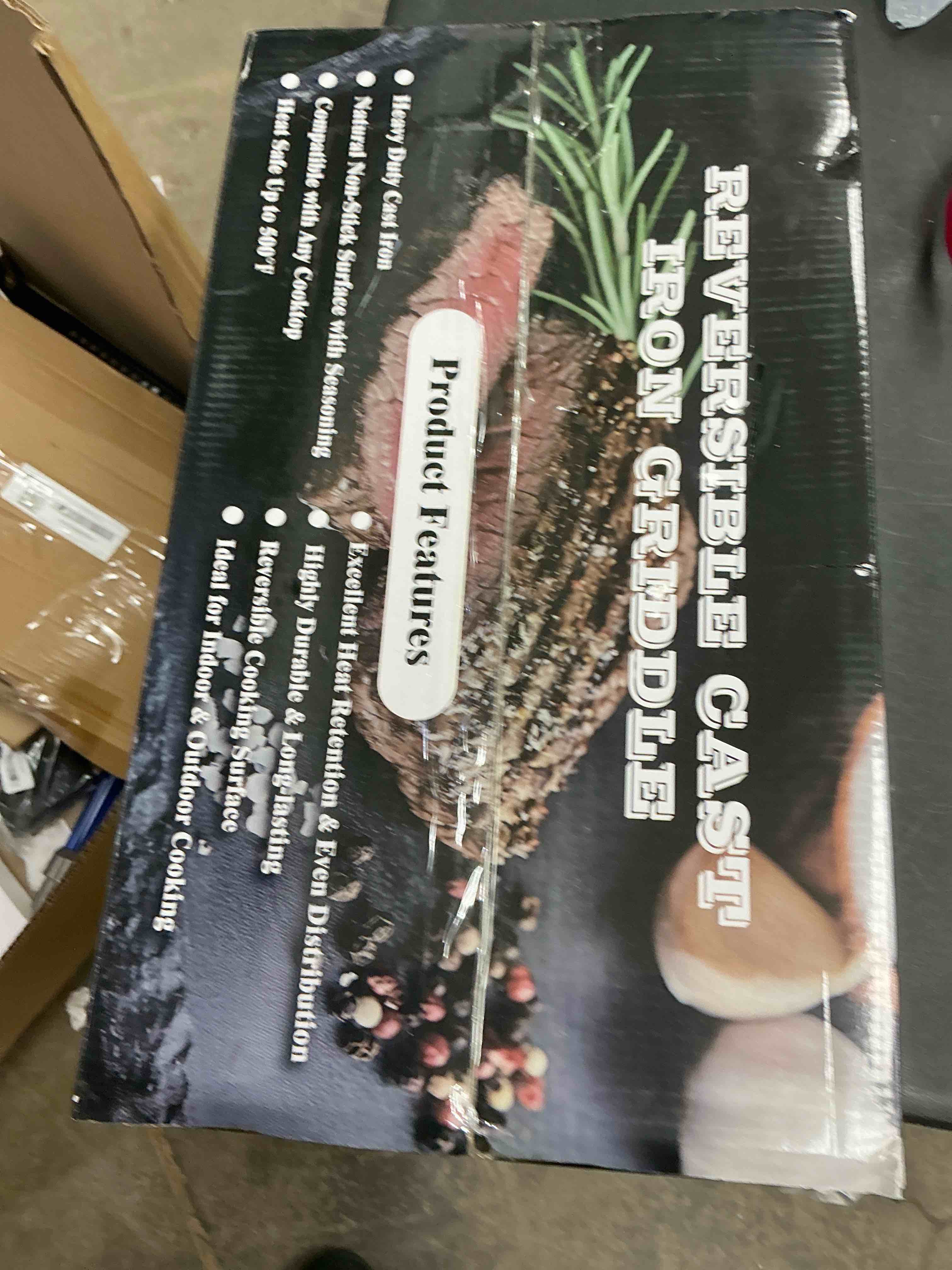 Condition photo showing New/Like New for EWFEN Reversible Grill/Griddle, 16.7x9.5'' Pre-Seasoned Cast Iron Griddle Pan, Double Burner Cookware, Rectangular Non-Stick Stovetop Griddle with Handles, Flat Top Plate for Oven, Grill & Campfire