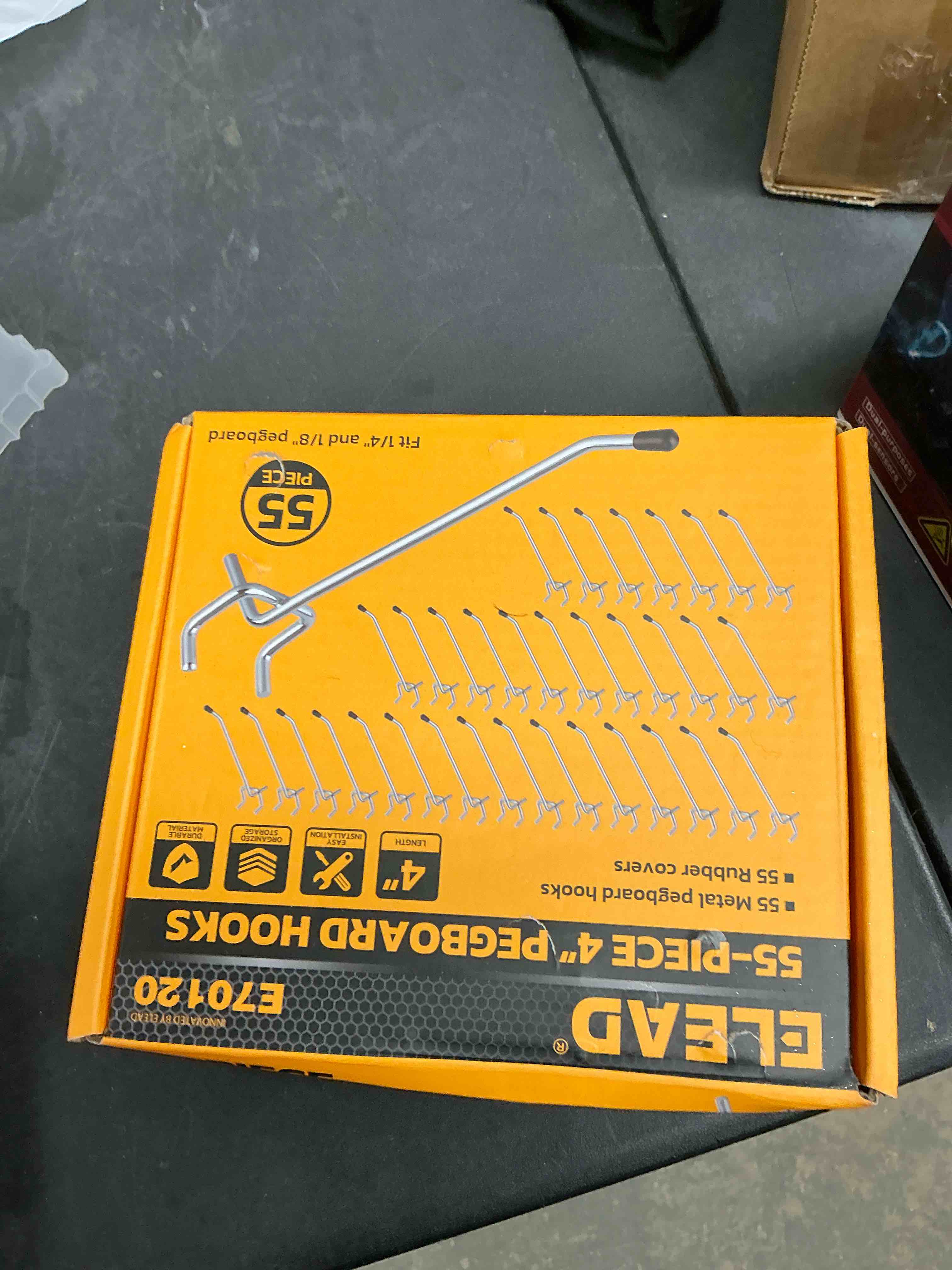 Condition photo showing New/Like New for ELEAD 55-Piece 4 Inch Pegboard Hooks, Heavy Duty Peg Board Organizer Accessories, Peg Board Tool Hangers Fit for 1/4" and 1/8" Pegboard Hanging Tools Garage, Workshop, and Craft Storage