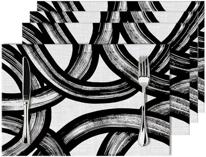 Condition photo showing Good Condition for Black and White Curve Patterned Linen Placemats Set of 4, Washable Non-Slip Heat-Resistant Modern Ab