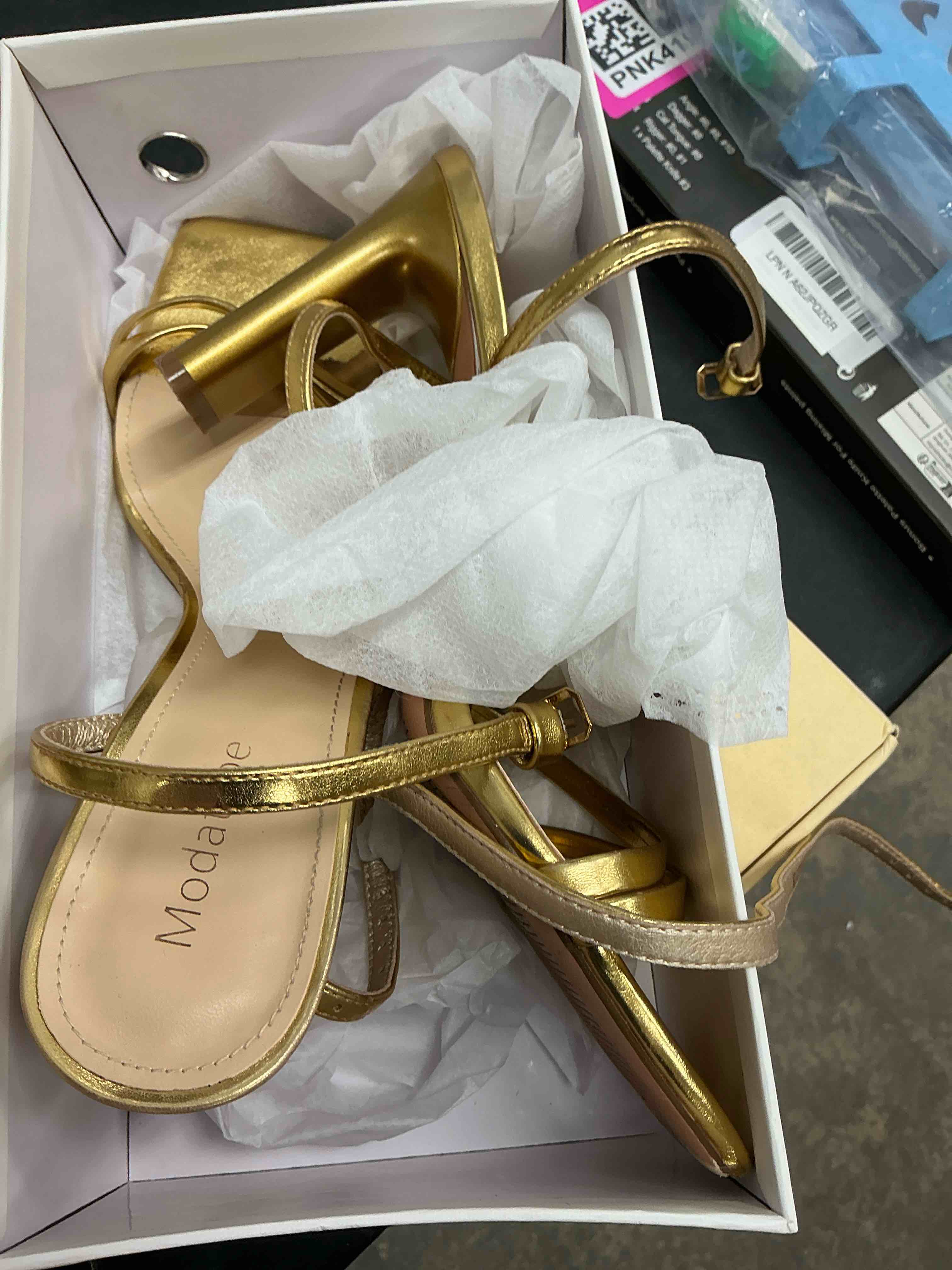 Condition photo showing Good Condition for Modatope Womens Sandals Square Open Toe Chunky High Heels Strappy Ankle Strap Sandals Comfort Dress Party Shoes 9 Gold Pu
