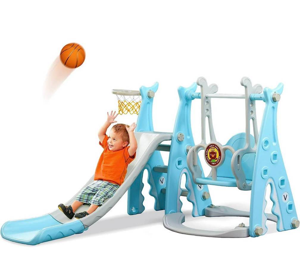 Ealing 4 in 1 Toddler Swing and Slide Set for Kids Age1-5 Indoor Toddler Playground Playset with Basketball Hoop Slide Length 38.18 in Pink