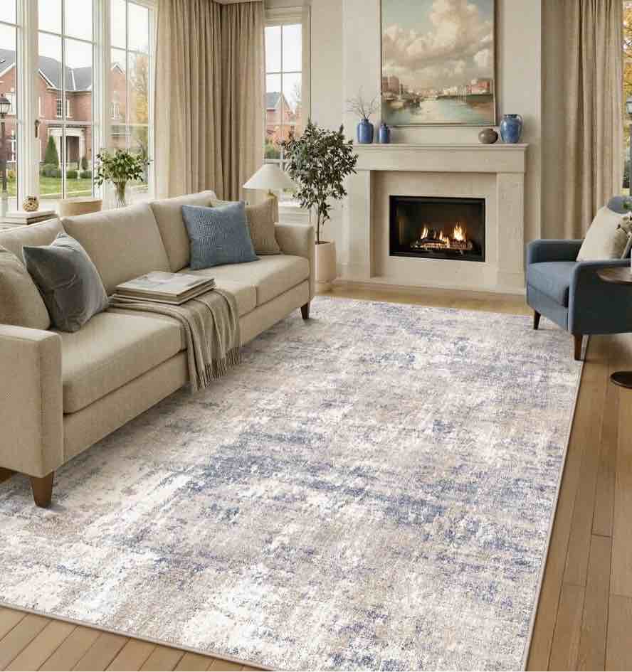 berthmeer 6 x9 blue abstract area rugs for living room bedroom dining room office farmhouse distressed machine washable non-slip