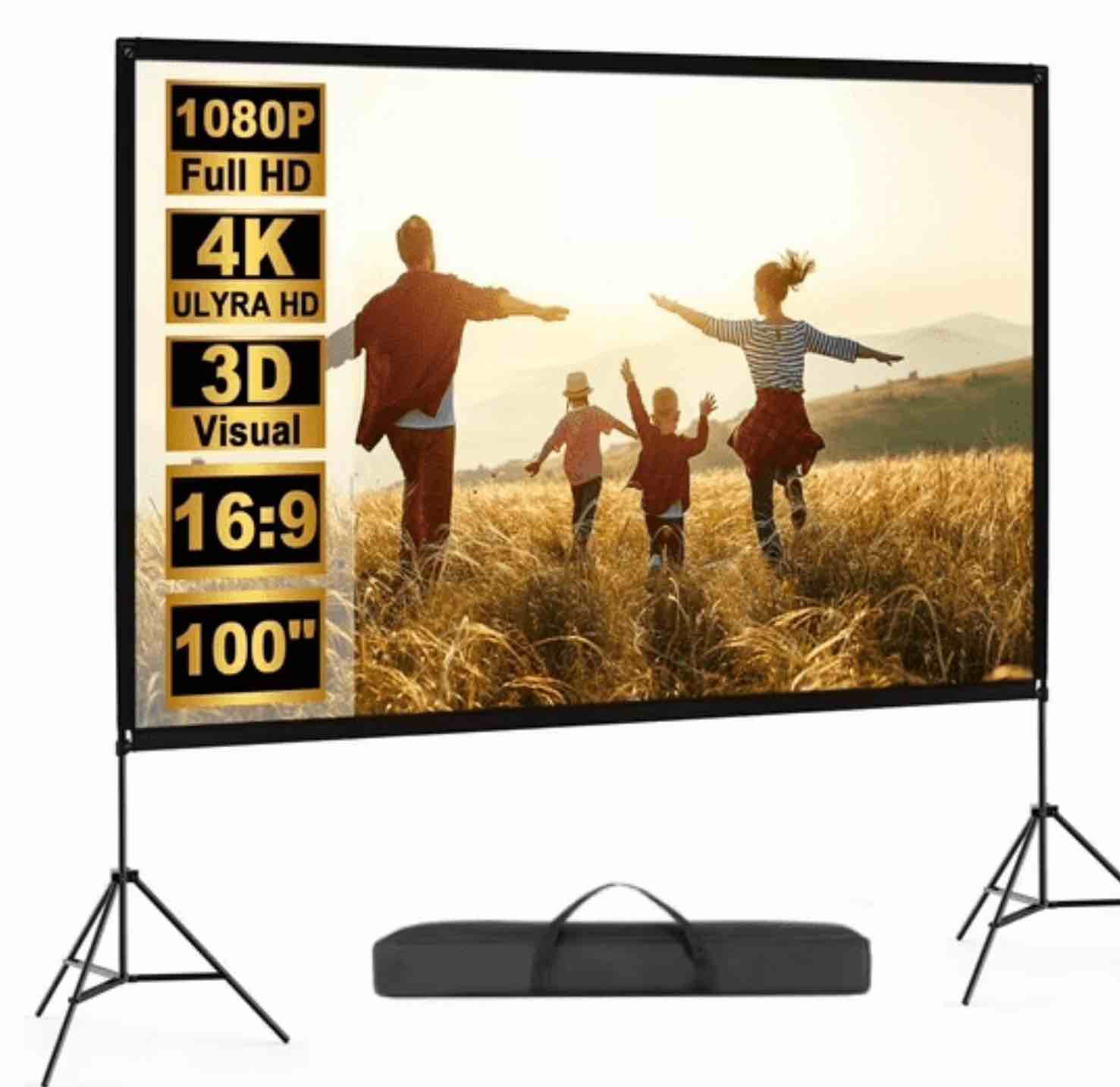 100 Projector Screen with Stand Foldable Portable Movie Screen 16:9 HD 4K Wrinkle-Free with Carry Bag Projection Screen Indoor Outdoor Projector Movies Screen for Home Theater