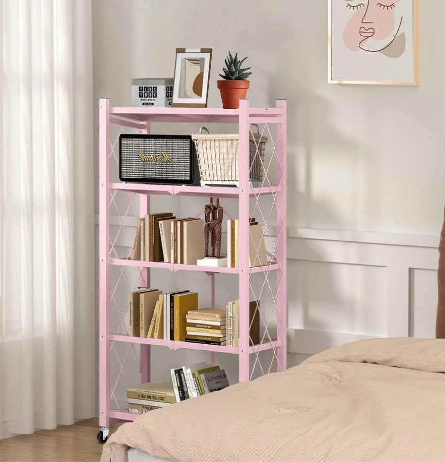 COOKCOK 5-Tier Storage Shelving Unit  Metal Shelf 27.9 x13.4 x62.5  Foldable Storage Shelf with Wheels  Garage Shelf  Kitchen Shelf with 4 Hooks  No Assemble Require  Pink