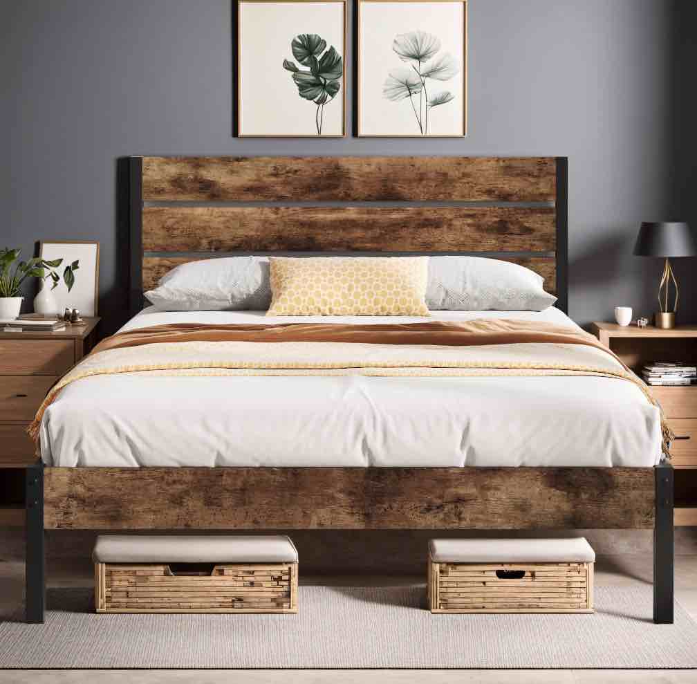 Lifezone Queen Bed Frame with Rustic Vintage Wood Headboard and Footboard,Metal Support,Rustic Brown